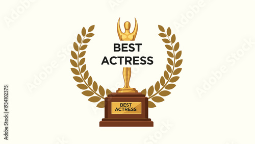Elegant golden best actress trophy statue enclosed in a laurel wreath on a minimalist cream background.