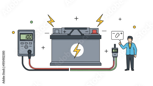 Automotive technician using a digital multimeter to measure the voltage of a lead acid car battery.