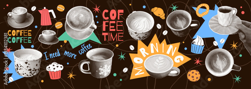 Coffee collage. Sticker cafe. Vintage halftone. Menu for cappuccino, moka, latte. Pot mug on paper. Label retro is dot for restaurant. Vector garish graphic monochrome design isolated elements set