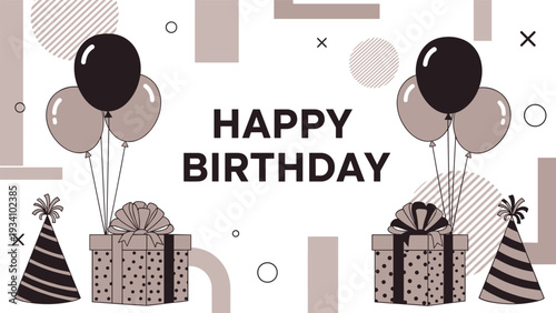 Festive happy birthday greeting card background with colorful balloons wrapped gift boxes and party hats.