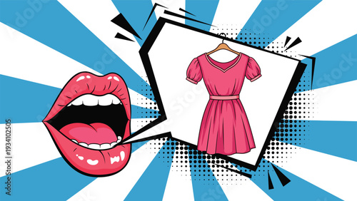 Vibrant pop art style illustration of an open mouth with a speech bubble containing a pink dress on a hanger with abstract background.