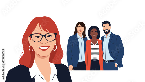 Professional business team portrait with a smiling red-haired woman in glasses in the foreground and her diverse colleagues behind her.