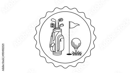Golf equipment set illustration in a decorative circular frame featuring a bag full of clubs a ball on a tee and a flag on the green.
