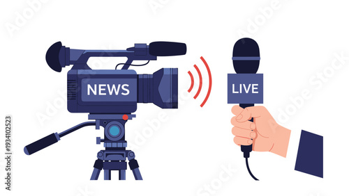 Professional media equipment for live news broadcast including video camera on tripod and hand holding microphone with live label.