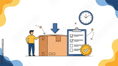 Logistics and delivery service concept illustration with a worker standing by a cardboard box next to a checklist and a clock symbol.