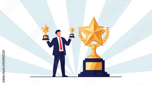 Successful businessman in a suit celebrating his career achievements by holding two golden star trophies next to a large award monument.