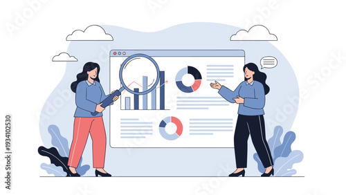 Two businesswomen analyzing financial data on digital screen featuring bar charts graphs and line trends with a magnifying glass tool.