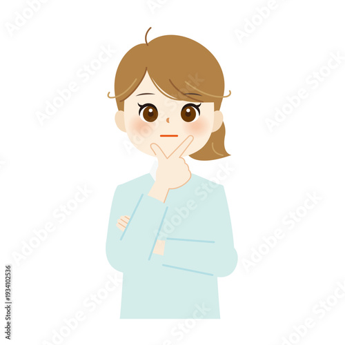 あごに手を当てて考える女性のイラスト｜思案・悩み・検討