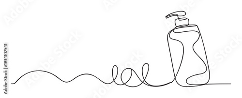Modern continuous line drawing of a liquid soap dispenser with a pump, perfect for minimalist hygiene and selfcare product advertisements or clean living promotions
