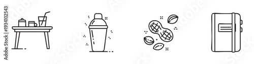 Diverse collection of minimal black line icons featuring beverage service items, a shaker, snack nuts, and a book, perfect for modern graphic user interface applications or educational