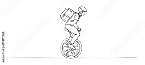 Dynamic single continuous line drawing capturing a delivery person in a helmet with a backpack, expertly riding a unicycle, perfect for urban mobility and ecofriendly transport applications.