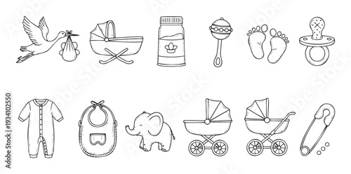 A charming collection of baby essentials and playful items, perfect for creating heartwarming nursery decor, baby shower invitations, and celebratory announcements for new parents.