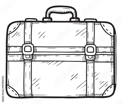 A stylized handdrawn outline of a classic travel suitcase with straps and buckles, ideal for inspiring vacation planning, adventure stories, or depicting historical journey themes.