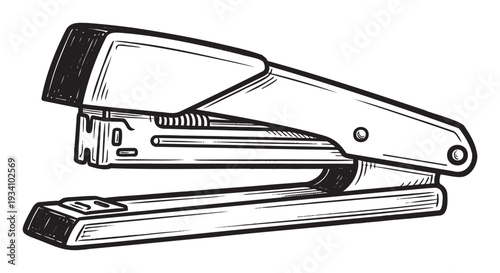 Classic office stapler rendered in a unique black and white sketch style, perfect for educational materials, school supplies themes, or business stationery visuals