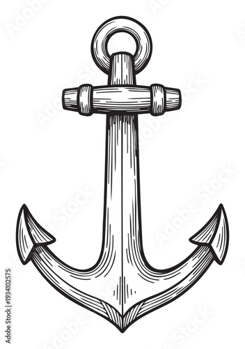 Classic black and white nautical anchor symbol for marine themed merchandise, travel agency branding, boat enthusiast publications, or sailing event promotion graphics.