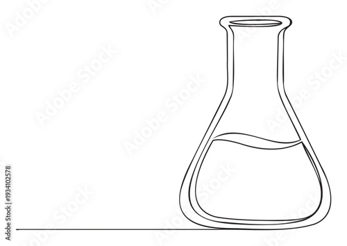 Single continuous line drawing of an Erlenmeyer flask with liquid, ideal for educational materials, scientific presentations, or laboratory themed graphics and learning resources
