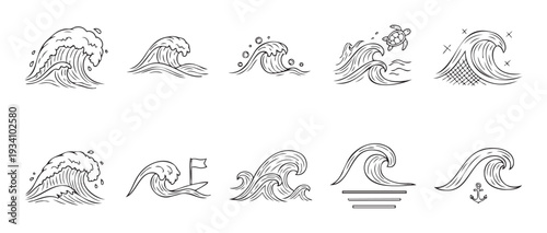 A diverse collection of handdrawn ocean wave doodles with marine elements including a sea turtle, sailing boat, and anchor, suitable for graphic resources, logo designs, and decorative