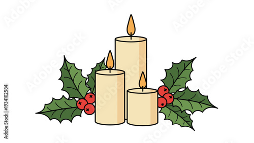 Three burning ivory candles of different heights decorated with green holly leaves and red berries on a plain white background.