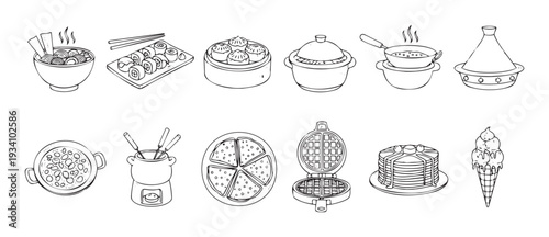 Hand drawn assortment of global food dishes and cooking vessels, ideal for culinary website graphics and cookbook illustrations