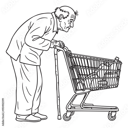 Senior man struggles to push a grocery shopping cart while using a walking cane, ideal for illustrating aging challenges and independent living concepts.