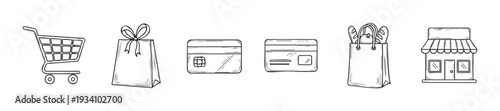 Outline hand drawn icons representing diverse shopping and payment methods including a cart gift bag credit cards and a storefront for retail business concepts marketing and web use