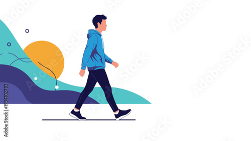 Profile view of a young man in a blue hoodie walking along a stylized colorful path with a bright sun in the background scenery.