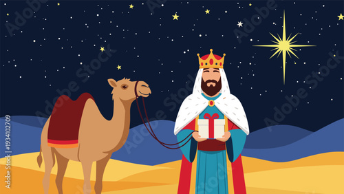 Christmas nativity scene featuring one of the three wise kings with a gift and his camel under a starry night sky with a bright star.