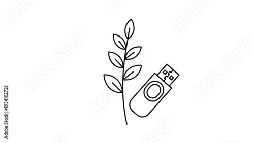 Minimalist line art drawing of a USB flash drive next to a delicate plant branch symbolizing sustainable technology and green storage.