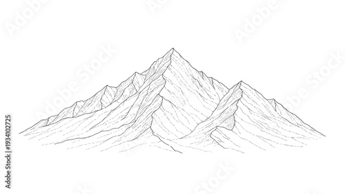 Majestic mountain range hand drawn in detailed line art style showcasing peaks and ridges against a white background for outdoor themes.