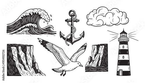 Collection of hand drawn nautical marine elements including ocean waves, anchor with rope, fluffy cloud, tall lighthouse, rugged sea cliffs, and flying seagull for graphic projects
