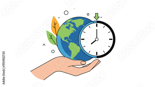 Human hand cradling a blue planet earth combined with a large clock face and green leaves to represent global time and environmental care.
