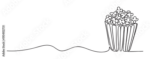 Minimalist one line drawing of a classic cinema popcorn bucket, perfect for movie night promotions, entertainment industry branding, or snack bar signage