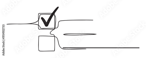 Minimalist continuous line art drawing of a to do list or survey form featuring a completed item with a check mark and an empty box for selection options and task management projects.