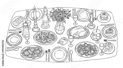 Elaborate dinner table setting with roasted poultry, fresh salads, desserts, wine, and illuminated candles, suitable for promoting festive gatherings and special occasion meals.