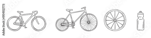 Collection of monochrome hand drawn bicycle and cycling gear outlines including road bike, commuter bike, wheel, and water bottle for sport and leisure graphics and product representation.