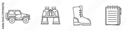 Outdoor adventure equipment line icons an off road vehicle, binoculars, a hiking boot, and a notepad with a pen for travel, camping, and wilderness exploration projects.