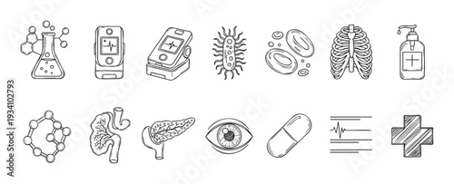 Medical and scientific outline icons collection for healthcare professionals and researchers, showcasing chemistry, biology, anatomy, diagnosis, pharmacology, and hygiene symbols for