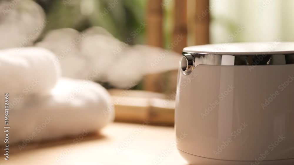 custom made wallpaper toronto digitalWhite humidifier emitting steam next to rolled towels indoors