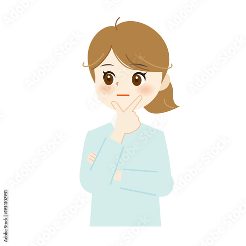 あごに手を当てて考える女性のイラスト｜思案・悩み・検討