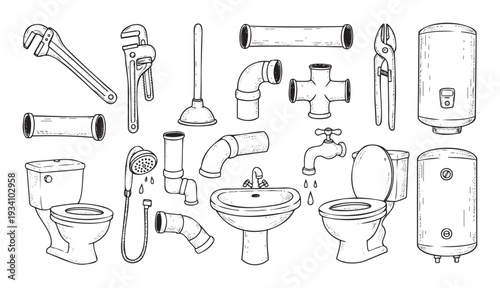 A comprehensive collection of essential plumbing tools and fixtures including wrenches, pipes, a plunger, water heaters, toilets, a sink, and a shower, perfect for home repair guides,
