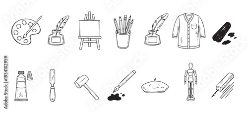 Handdrawn doodle icons featuring essential artist tools and supplies, including paint palette, easel, pencils, paint tube, chisel, and writing instruments for graphic projects.
