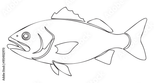 Simple black outline drawing of a freshwater or saltwater fish with open mouth and fins, perfect graphic resource for fishing industry branding, nature education, or seafood restaurant menus