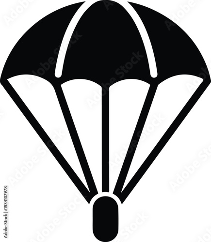 A black and white parachute illustration The parachute is open with vertical lines connecting to a lower pod