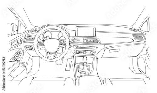 Detailed line drawing of a modern vehicle dashboard and steering wheel, showcasing automotive interior design for education, technical manuals, or graphic projects.