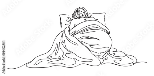 Minimalist outline drawing of a person sleeping soundly under a cozy blanket, suitable for applications needing imagery of rest, comfort, mental health, or home tranquility