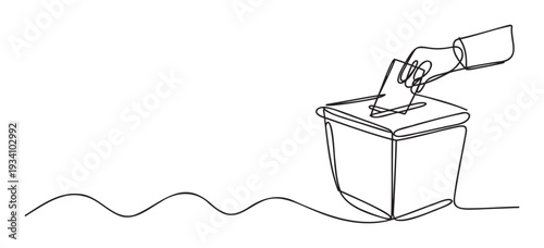 Continuous line drawing of a hand casting a ballot into a voting box, symbolizing democratic participation and election processes for civic engagement campaigns