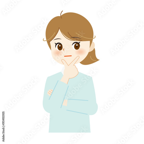 あごに手を当てて考える女性のイラスト｜思案・悩み・検討