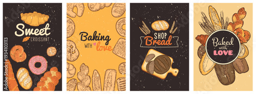 Bakery poster. Piece bread, donut and sweet croissant. Vintage cafe background. Baguette for rustic kitchen. Sketch restaurant. Food pastry. Hand drawn baking. Vector retro menu design template set