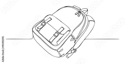 Dynamic single line drawing illustrating a stylish adventure backpack, perfect for educational resources, travel related marketing, or youth focused web graphics.
