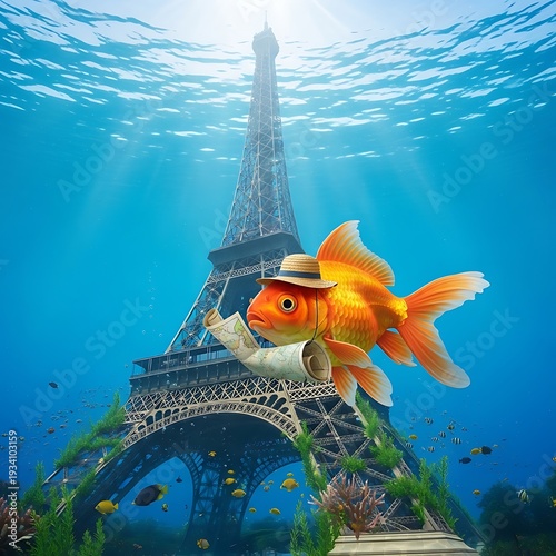 A goldfish wearing a hat swims in front of the Eiffel Tower underwater